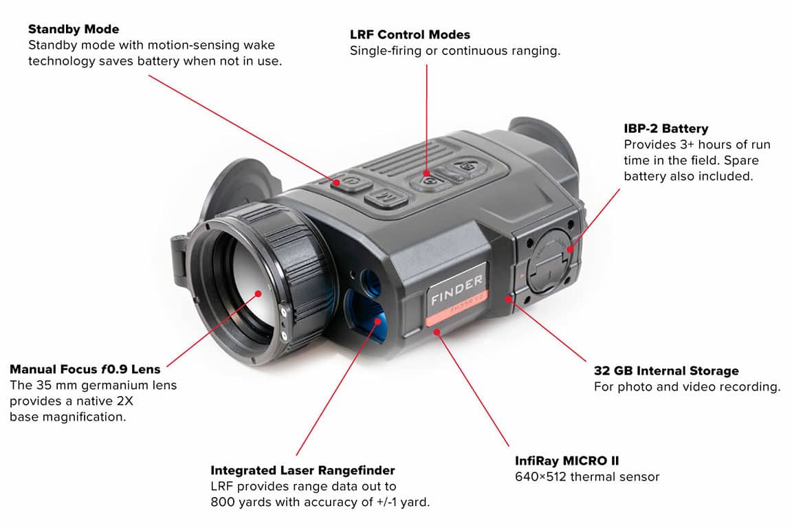 InfiRay Outdoor Finder FH35R V2 thermal monocular feature callouts.